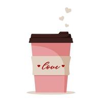 rosa kaffeetasse. Einweg-Papier- oder Plastikbecher mit Valentinstag-Design. vektorillustration im flachen karikaturstil. vektor