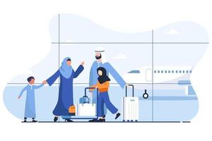 Arabische muslimische glückliche Familie am Flughafen. Designkarikatur-Vektorillustration des Familientages oder der Feier flache. kann für Familienzeit am Wochenende Konzept oder Tourismus- und Reiseaktivitäten verwendet werden vektor