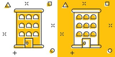byggnad ikon i komisk stil. stad skyskrapa lägenhet tecknad serie vektor illustration på vit isolerat bakgrund. stad torn stänk effekt företag begrepp.