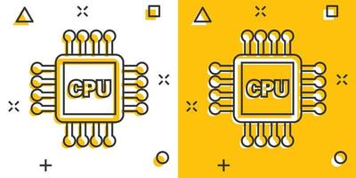 Computer-CPU-Symbol im Comic-Stil. Leiterplatte Cartoon-Vektor-Illustration auf weißem Hintergrund isoliert. Motherboard-Chip-Splash-Effekt-Geschäftskonzept. vektor