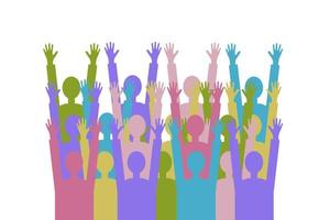 människor, team, crowd.a grupp av människor av annorlunda färger med Uppfostrad händer som en symbol av glädje, enhet, protest, styrka, seger, framgång.isolerad bakgrund vektor
