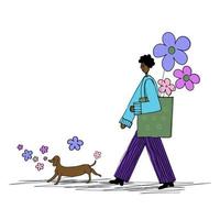 Wanderfigur in guter Laune mit einem Blumenstrauß und einem Hund. positive Illustration in einem flachen Stil auf einem isolierten Hintergrund. handgezeichnet.vektor vektor