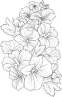 geranium blomma teckning hand dra blomma vas illustration, vektor skiss, penna konst, dekorativ bukett av blommig färg sida, och bok isolerat på vit bakgrund ClipArt.