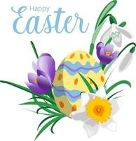 Lycklig påsk kort design med påsk ägg påsklilja krokus snödroppe blommor på vit bakgrund vektor