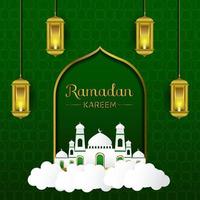 ramadan-moschee und laternenvektordesign mit grünem islamischem hintergrund, grußkarte für social-media-post