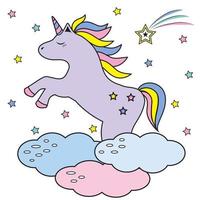 söt enhörning, färgrik tecknad serie karaktär ponny på moln, vektor illustration