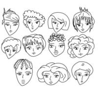 satz weiblicher gesichter mit verschiedenen frisuren, einfache haarschnitte auf verschiedenen haaren, konturdoodle-mädchen verschiedener typen vektor