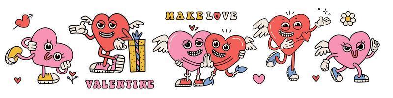 häftig härlig hjärtan tecken uppsättning. kärlek begrepp. Lycklig valentines dag maskotar samling. skraj Lycklig hjärta i trendig retro 80s 70s tecknad serie stil. vektor platt illustration i rosa röd färger.