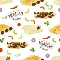 sömlös mönster med mexikansk mat fajita, tamale, Enchiladas och klocka peppar skivor. snabb mat restaurang och gata mat mellanmål, kött tortillas, hämtmat mat leverans vektor