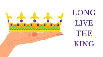 Plakat mit Händen, die eine goldene Krone halten, und Inschrift Gott schütze den König. Entwurf für Thronbesteigung und Krönung von König Karl III. ideal für schild, banner, poster, karte, flyer, druck. Vektor