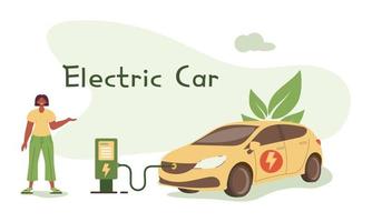 Elektroauto mit einer Person und einer Ladestation. grünes energiekonzept. umweltpflege.gelbe grüne farben. Konzept für erneuerbare Energien. Vektor-Illustration. vektor