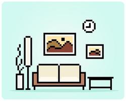 8-Bit-Pixel-Innenwohnzimmer in Vektorillustration für Spielressourcen. moderne Dekoration im minimalistischen Stil vektor