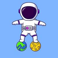 niedlicher astronaut, der auf planetenkarikaturvektorikonenillustration steht. flaches karikaturkonzept. geeignet für jedes kreative Projekt. vektor