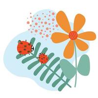 gezeichnetes Bild mit Marienkäfern und einer Blume. Aufkleberillustration des Marienkäfers. Frühlingszeit. vektor