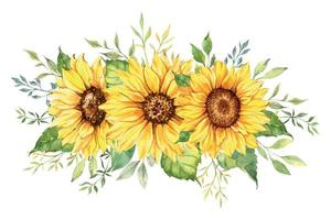 Aquarell-Sonnenblumenstrauß, handbemalte Sonnenblumensträuße mit Grün, Sonnenblumen-Blumenarrangement. hochzeitseinladungs-clipart-elemente. aquarell blumen. Botanische Zeichnung. weißer Hintergrund. vektor