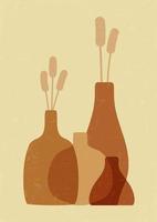 estetisk illustration med växt grenar och abstrakt vaser. minimalistisk former i pastell färger vektor