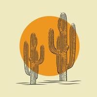 Kaktusillustration wilder Westwüstenweinleseentwurf. Kakteenpflanze mit minimalistischem Symbol der Sonnenlogo-Vektorlinie Kunst vektor