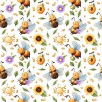 vektor sömlös mönster med söt bin, honung och blommor. bra för textilier, tapeter, bakgrunder