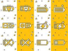 Batterieladesymbol im Comic-Stil. Cartoon-Vektor-Illustration der Leistungsstufe auf weißem, isoliertem Hintergrund. Geschäftskonzept mit Lithium-Akku-Splash-Effekt. vektor