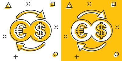 Geldwechsel-Symbol im Comic-Stil. Dollar-Euro-Transfer-Cartoon-Vektorillustration auf weißem, isoliertem Hintergrund. Geschäftskonzept für den Splash-Effekt von Finanzprozessen. vektor