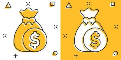 pengar väska ikon i komisk stil. moneybag tecknad serie vektor illustration på isolerat bakgrund. mynt säck stänk effekt tecken företag begrepp.