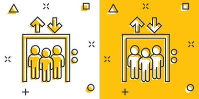 hiss ikon i komisk stil. hiss tecknad serie vektor illustration på vit isolerat bakgrund. passagerare transport stänk effekt företag begrepp.