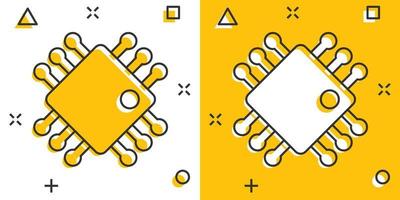 Computer-CPU-Symbol im Comic-Stil. Leiterplatte Cartoon-Vektor-Illustration auf weißem Hintergrund isoliert. Motherboard-Chip-Splash-Effekt-Geschäftskonzept. vektor