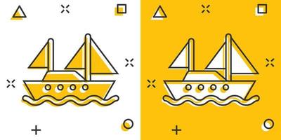 Tourismusschiff-Symbol im Comic-Stil. Fischerboot-Cartoon-Vektorillustration auf weißem, isoliertem Hintergrund. Geschäftskonzept für Tanker mit Splash-Effekt. vektor
