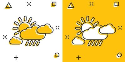 Wettersymbol im Comic-Stil. sonne, wolke und regenkarikaturvektorillustration auf weißem lokalisiertem hintergrund. Meteorologie Spritzeffekt Zeichen Geschäftskonzept. vektor