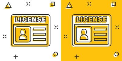 förare licens ikon i komisk stil. id kort tecknad serie vektor illustration på vit isolerat bakgrund. identitet stänk effekt företag begrepp.