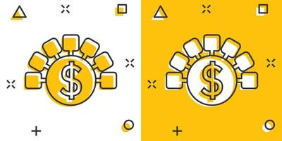 pengar inkomst ikon i komisk stil. dollar mynt tecknad serie vektor illustration på vit isolerat bakgrund. finansiera strukturera stänk effekt företag begrepp.