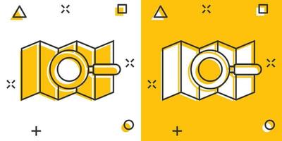 Karta med förstoringsglas ikon i komisk stil. gps navigering tecknad serie vektor illustration på vit isolerat bakgrund. lokalisera placera stänk effekt företag begrepp.
