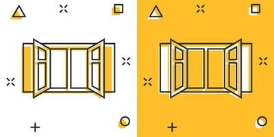 fönster ikon i komisk stil. hölje tecknad serie vektor illustration på isolerat bakgrund. hus interiör stänk effekt tecken företag begrepp.