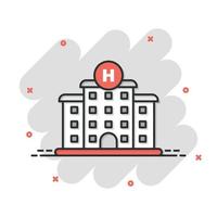 Krankenhausgebäude-Ikone im Comic-Stil. Cartoon-Vektorillustration der medizinischen Klinik auf lokalisiertem Hintergrund. Medizin Spritzeffekt Zeichen Geschäftskonzept. vektor