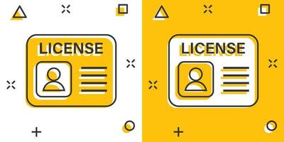 Führerschein-Symbol im Comic-Stil. ID-Karte Cartoon-Vektor-Illustration auf weißem Hintergrund isoliert. Geschäftskonzept mit Splash-Effekt. vektor