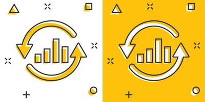 wachsendes Balkendiagramm-Symbol im Comic-Stil. Erhöhen Sie die Pfeilkarikatur-Vektorillustration auf weißem, isoliertem Hintergrund. Infografik-Fortschritt-Splash-Effekt-Geschäftskonzept. vektor