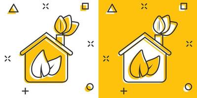 Haus mit Blattsymbol im Comic-Stil. Blumengarten Cartoon-Vektor-Illustration auf weißem Hintergrund isoliert. Ökologie Spritzeffekt Zeichen Geschäftskonzept. vektor