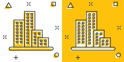 byggnad ikon i komisk stil. stad skyskrapa lägenhet tecknad serie vektor illustration på vit isolerat bakgrund. stad torn stänk effekt företag begrepp.