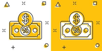 dollar valuta sedel ikon i komisk stil. dollar kontanter rabatt tecknad serie vektor illustration på vit isolerat bakgrund. sedel räkningen med procent stänk effekt företag begrepp.