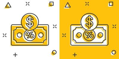 Dollar-Währungsbanknoten-Symbol im Comic-Stil. Dollar-Skonto Cartoon-Vektor-Illustration auf weißem Hintergrund isoliert. banknote bill mit prozent spritzeffekt geschäftskonzept. vektor