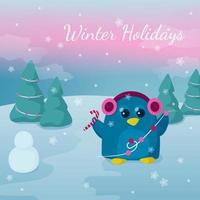 Cartoon-Pinguin in rosa Kopfhörern. Frohe Winterferienkarte. Winterstimmung. vektorillustration im flachen stil vektor