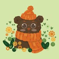 vektor illustration av en söt brun Björn i ett orange hatt och scarf runt om växter. värma nyanser och färger. tecknad serie karaktär i platt stil