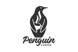 Vintage Pinguin-Silhouette mit Kaffeetasse für Café-Logo-Design vektor