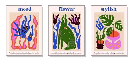 modern målningar för de interiör med blommor, växter, hare. teckning stil. färgrik illustrationer av fortfarande liv med blommor, en hare för täcker, bilder. interiör målning. platt design. vektor