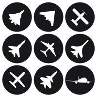 Flugzeugsymbole gesetzt. weiß auf schwarzem Grund vektor
