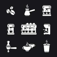 kaffe maskin ikoner uppsättning. vit på en svart bakgrund vektor