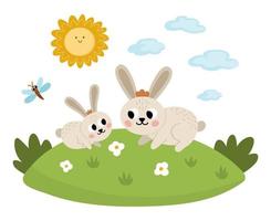vektor kanin med bebis på en gräsmatta under de Sol. söt tecknad serie familj scen illustration för ungar. bruka djur på naturlig bakgrund. färgrik platt mor och bebis bild för barn