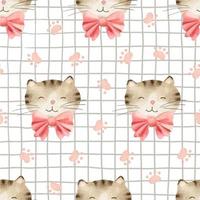 Wasserfarbenes, nahtloses Muster mit dem Gesicht einer niedlichen braunen Katze in einer rosa Fliege und Katzenspuren auf einem karierten Hintergrund. hintergrund für kinderzimmer, textilien, kleidung und anderes design vektor