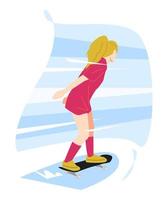 ung Tonårs flicka spelar skateboard. tillbaka se. isolerat blå bakgrund. vektor platt illustration.