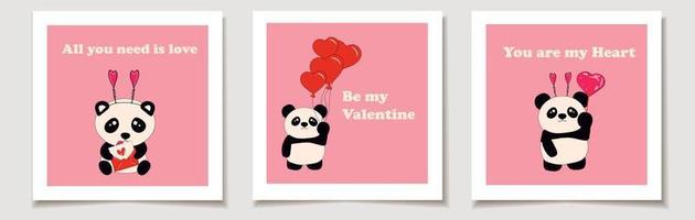 Satz von Valentinstag-Karten Satz von niedlichen kleinen sitzenden Pandas hält Herzen. Liebe, Valentinstag. vektor